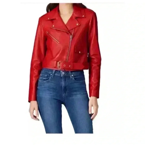 VEDA Baby Jane Leather Moto Jacket Red Size Small - Picture 2 of 14